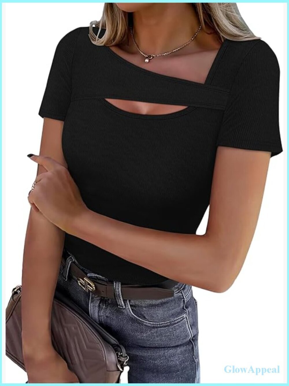 Short Sleeve Cutout Top, Rayon Spandex, Slim Fit, Y2K Style